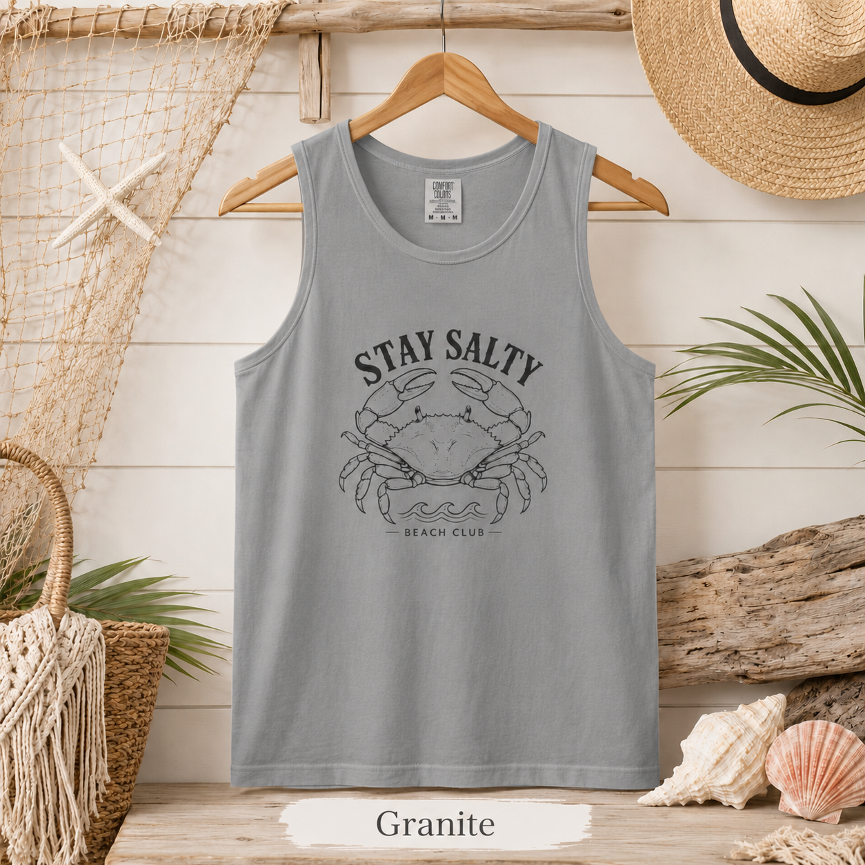 Stay Salty Crab Tank Top — Coastal Beach Club Graphic Tank