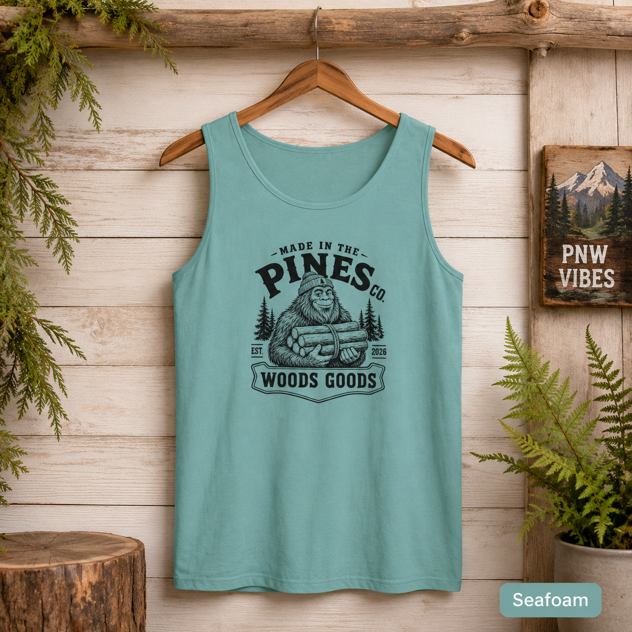 Tank Top - 'Pines Co. Woods Goods' Vintage Bigfoot Logo Outdoor Tank