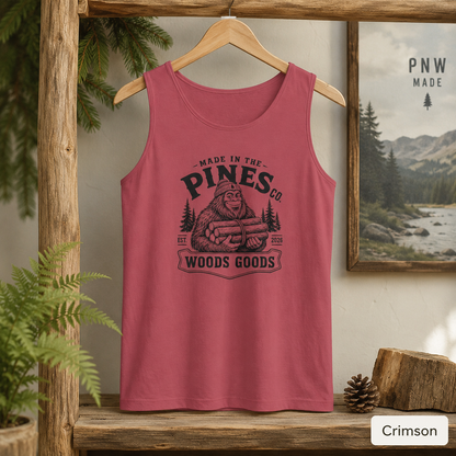 Tank Top - 'Pines Co. Woods Goods' Vintage Bigfoot Logo Outdoor Tank