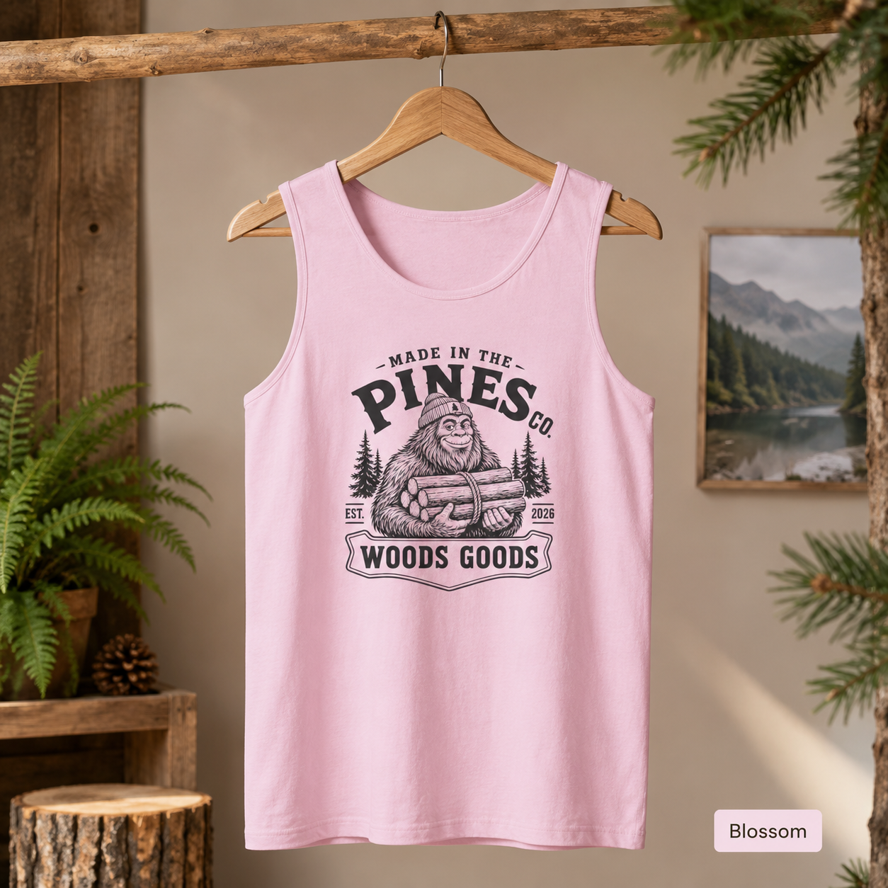 Tank Top - 'Pines Co. Woods Goods' Vintage Bigfoot Logo Outdoor Tank