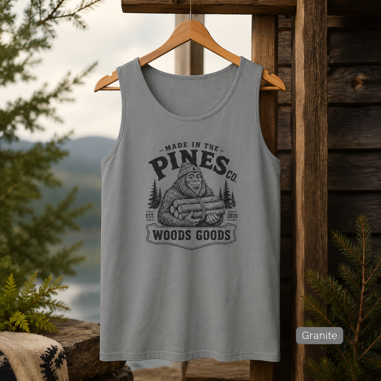 Tank Top - 'Pines Co. Woods Goods' Vintage Bigfoot Logo Outdoor Tank