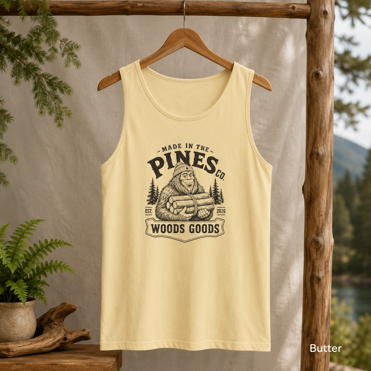 Tank Top - 'Pines Co. Woods Goods' Vintage Bigfoot Logo Outdoor Tank