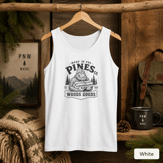 Tank Top - 'Pines Co. Woods Goods' Vintage Bigfoot Logo Outdoor Tank