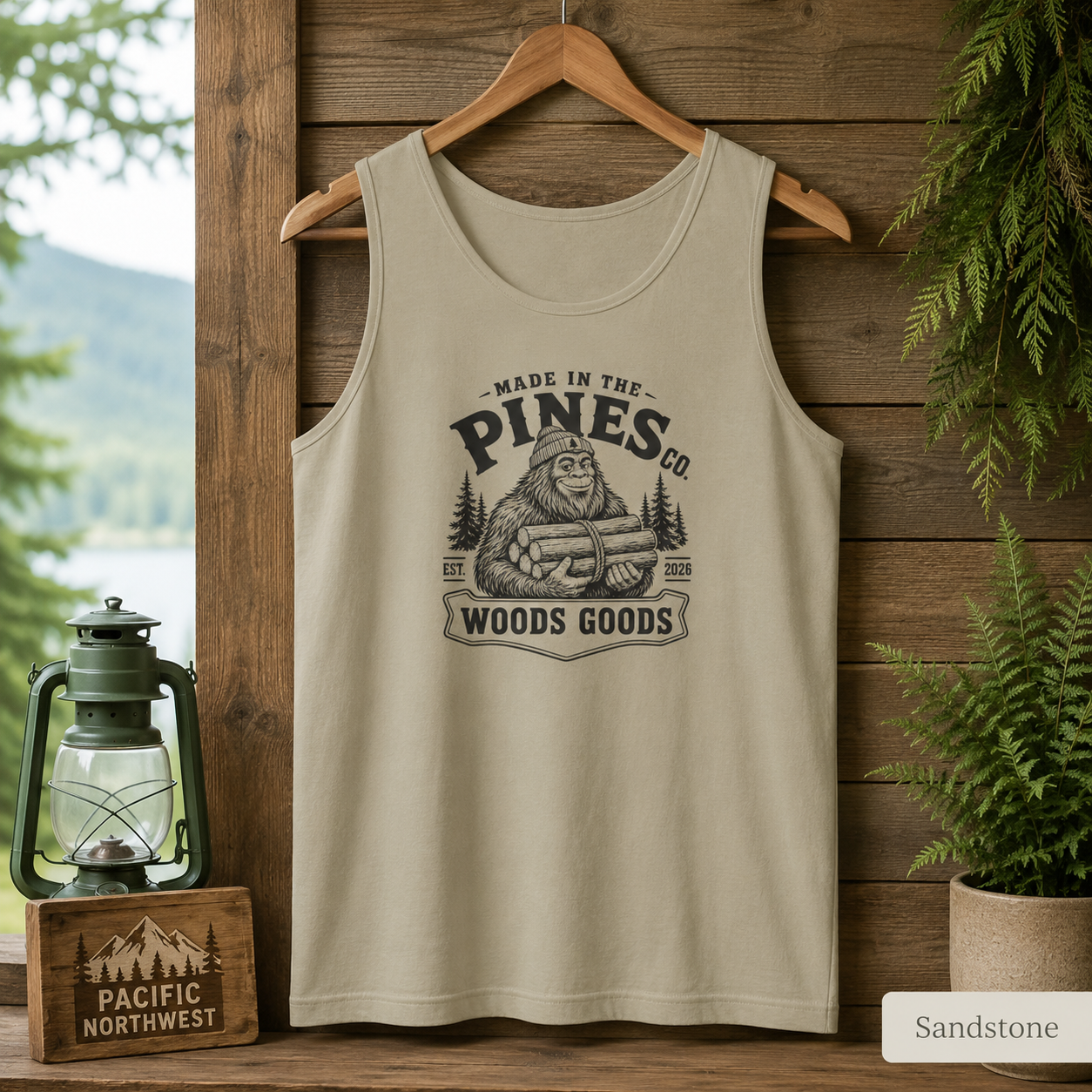Tank Top - 'Pines Co. Woods Goods' Vintage Bigfoot Logo Outdoor Tank