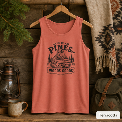 Tank Top - 'Pines Co. Woods Goods' Vintage Bigfoot Logo Outdoor Tank