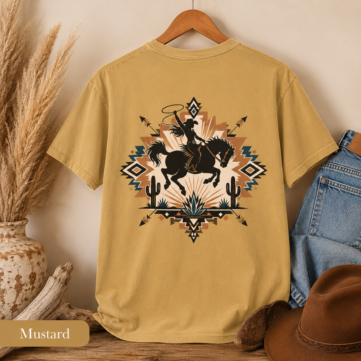 Cowboy Rodeo Graphic T-Shirt — Southwestern Desert Horseback Design