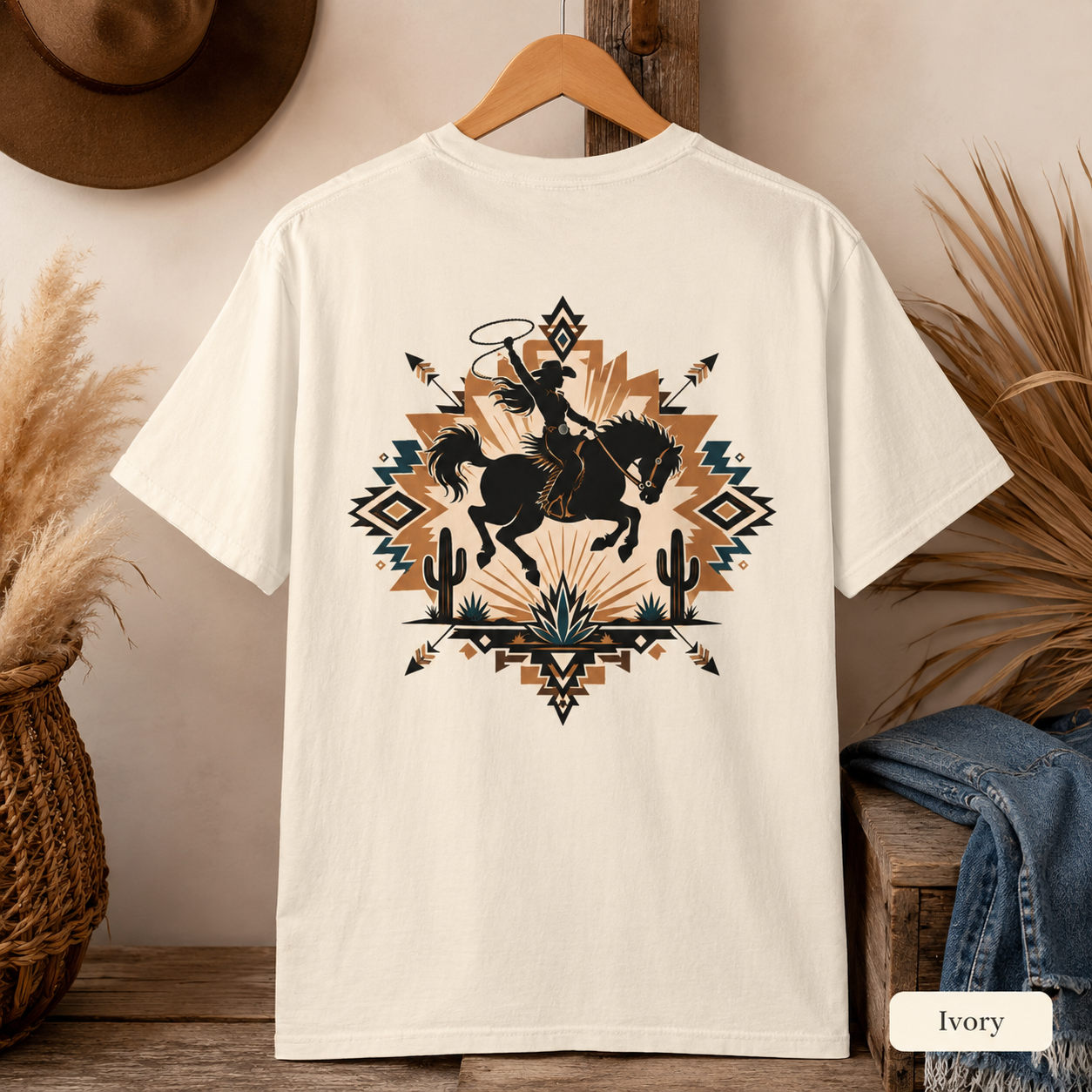 Cowboy Rodeo Graphic T-Shirt — Southwestern Desert Horseback Design