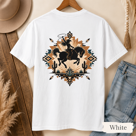 Cowboy Rodeo Graphic T-Shirt — Southwestern Desert Horseback Design