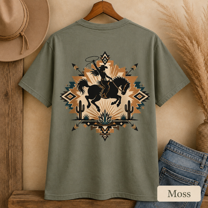 Cowboy Rodeo Graphic T-Shirt — Southwestern Desert Horseback Design