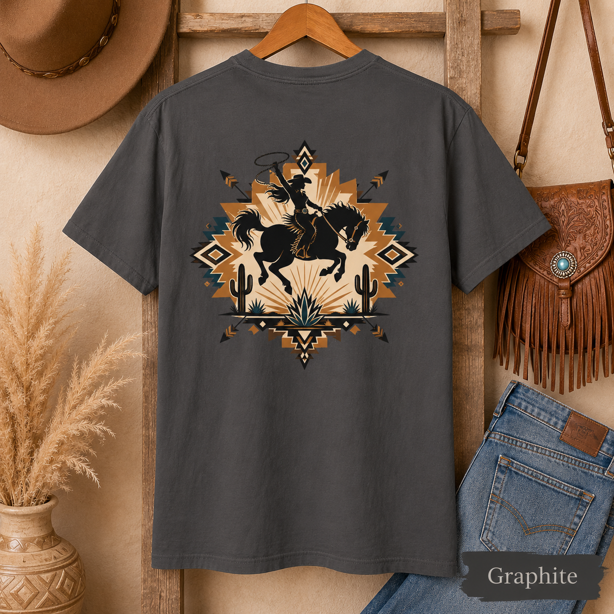 Cowboy Rodeo Graphic T-Shirt — Southwestern Desert Horseback Design