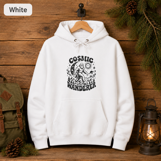 Cosmic Wanderer Sasquatch Hoodie, Retro Celestial Bigfoot Sweatshirt, Outdoorsy Camp Hoodie, Lane Seven Three-Panel Fleece Hoodie
