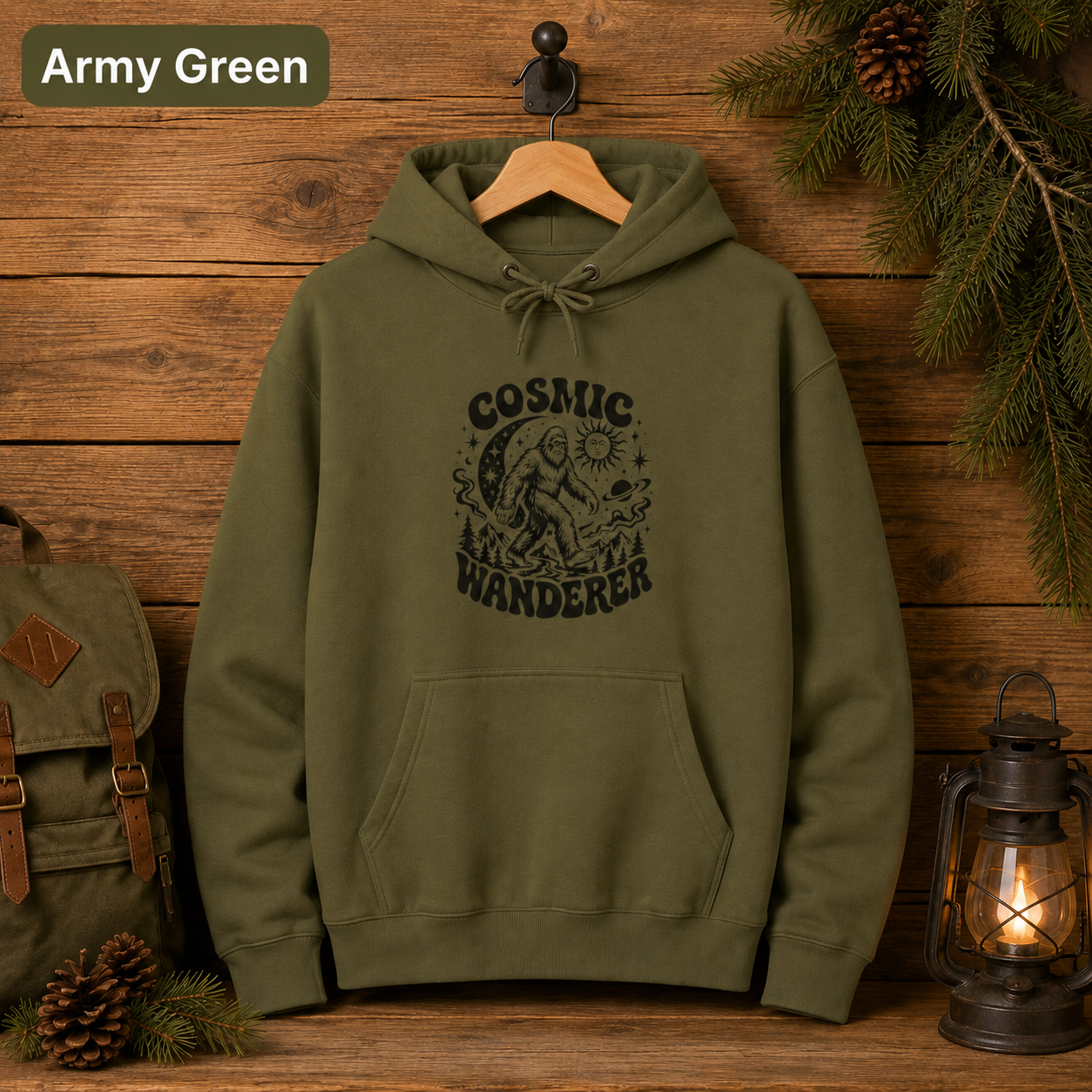 Cosmic Wanderer Sasquatch Hoodie, Retro Celestial Bigfoot Sweatshirt, Outdoorsy Camp Hoodie, Lane Seven Three-Panel Fleece Hoodie