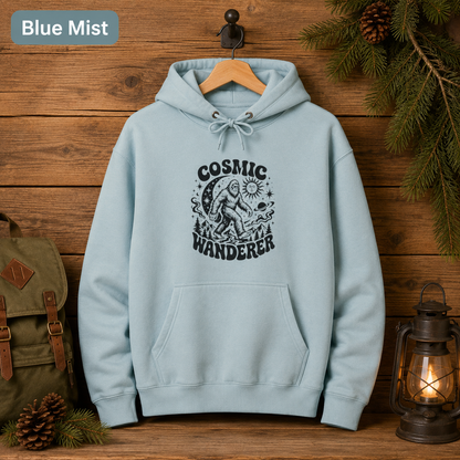Cosmic Wanderer Sasquatch Hoodie, Retro Celestial Bigfoot Sweatshirt, Outdoorsy Camp Hoodie, Lane Seven Three-Panel Fleece Hoodie