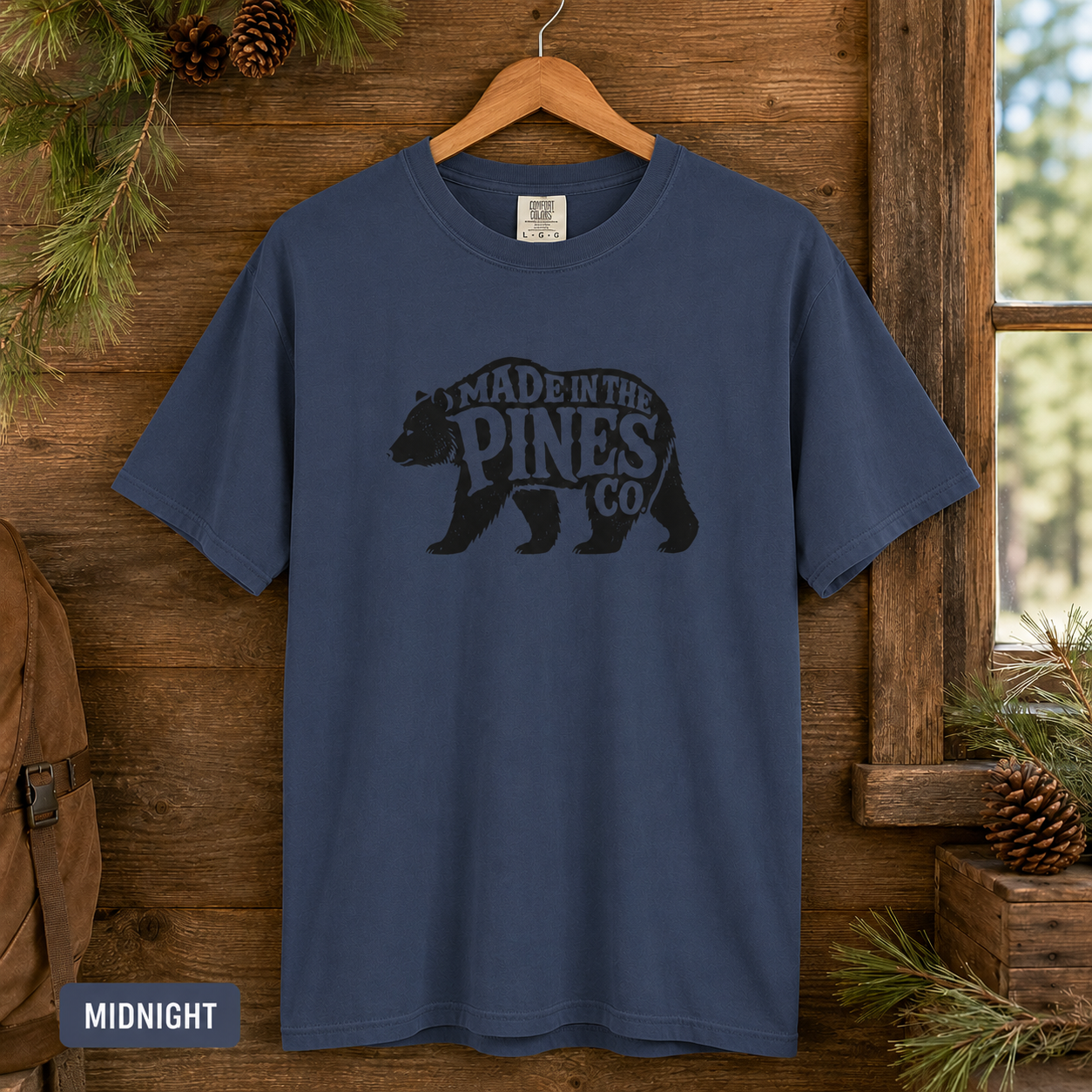 Made in the Pines bear graphic T-shirt | Woodland cabin logo tee