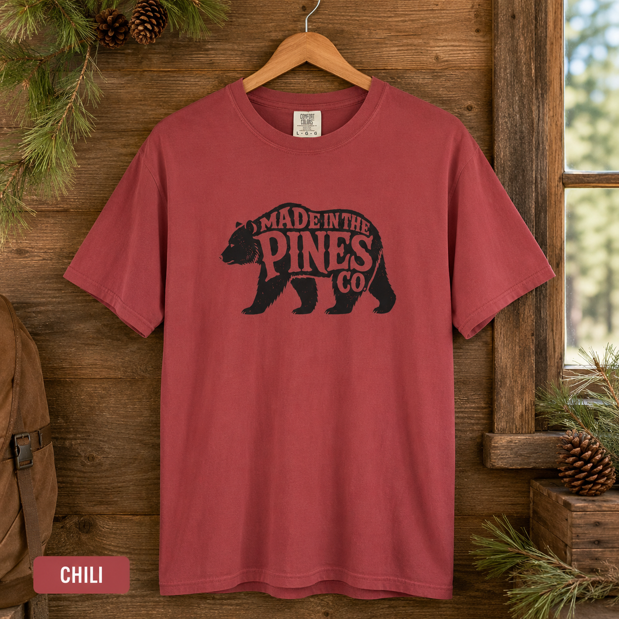 Made in the Pines bear graphic T-shirt | Woodland cabin logo tee