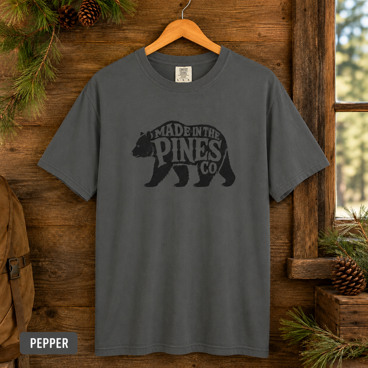 Made in the Pines bear graphic T-shirt | Woodland cabin logo tee
