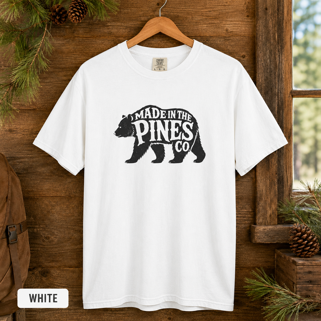 Made in the Pines bear graphic T-shirt | Woodland cabin logo tee