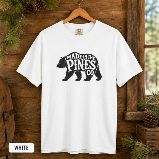 Made in the Pines bear graphic T-shirt | Woodland cabin logo tee