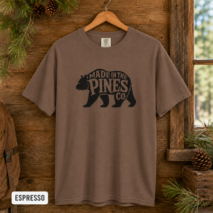 Made in the Pines bear graphic T-shirt | Woodland cabin logo tee