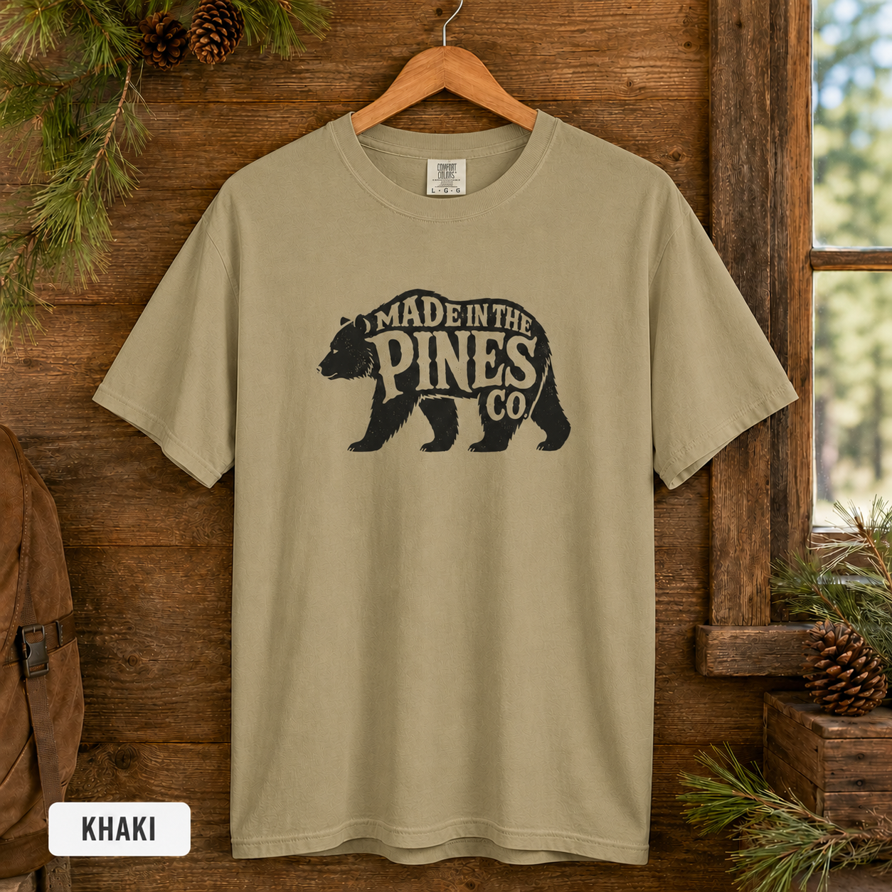 Made in the Pines bear graphic T-shirt | Woodland cabin logo tee