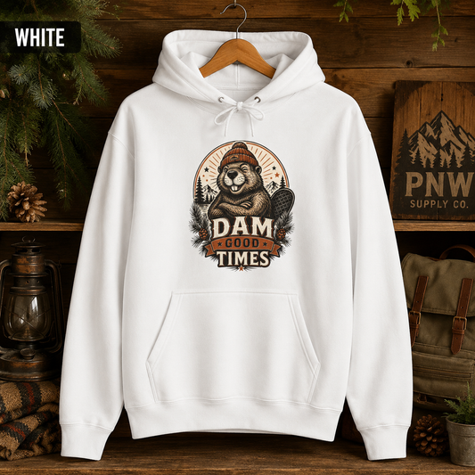 Dam Good Times Hoodie — Retro Beaver Graphic Fleece Sweatshirt