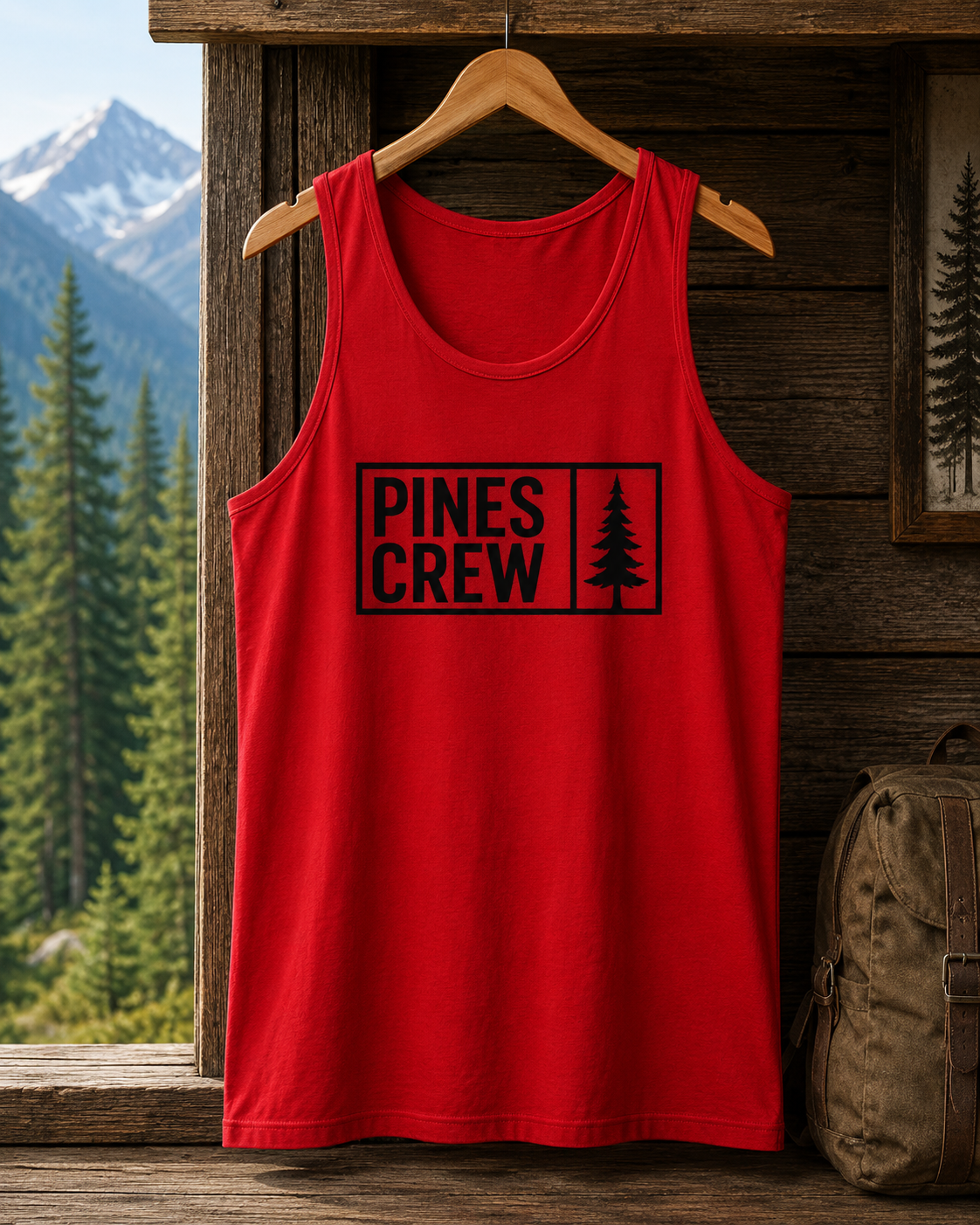 Pines Crew Tank Top — Minimal Forest Graphic Sleeveless Shirt