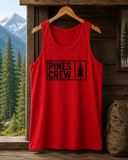 Pines Crew Tank Top — Minimal Forest Graphic Sleeveless Shirt