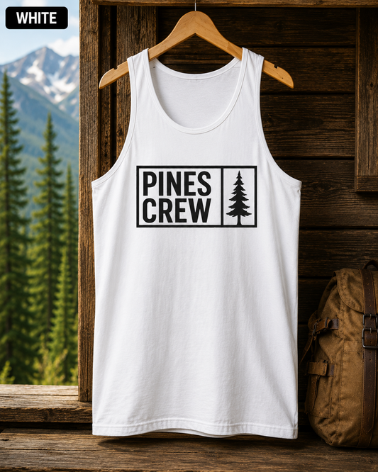 Pines Crew Tank Top — Minimal Forest Graphic Sleeveless Shirt