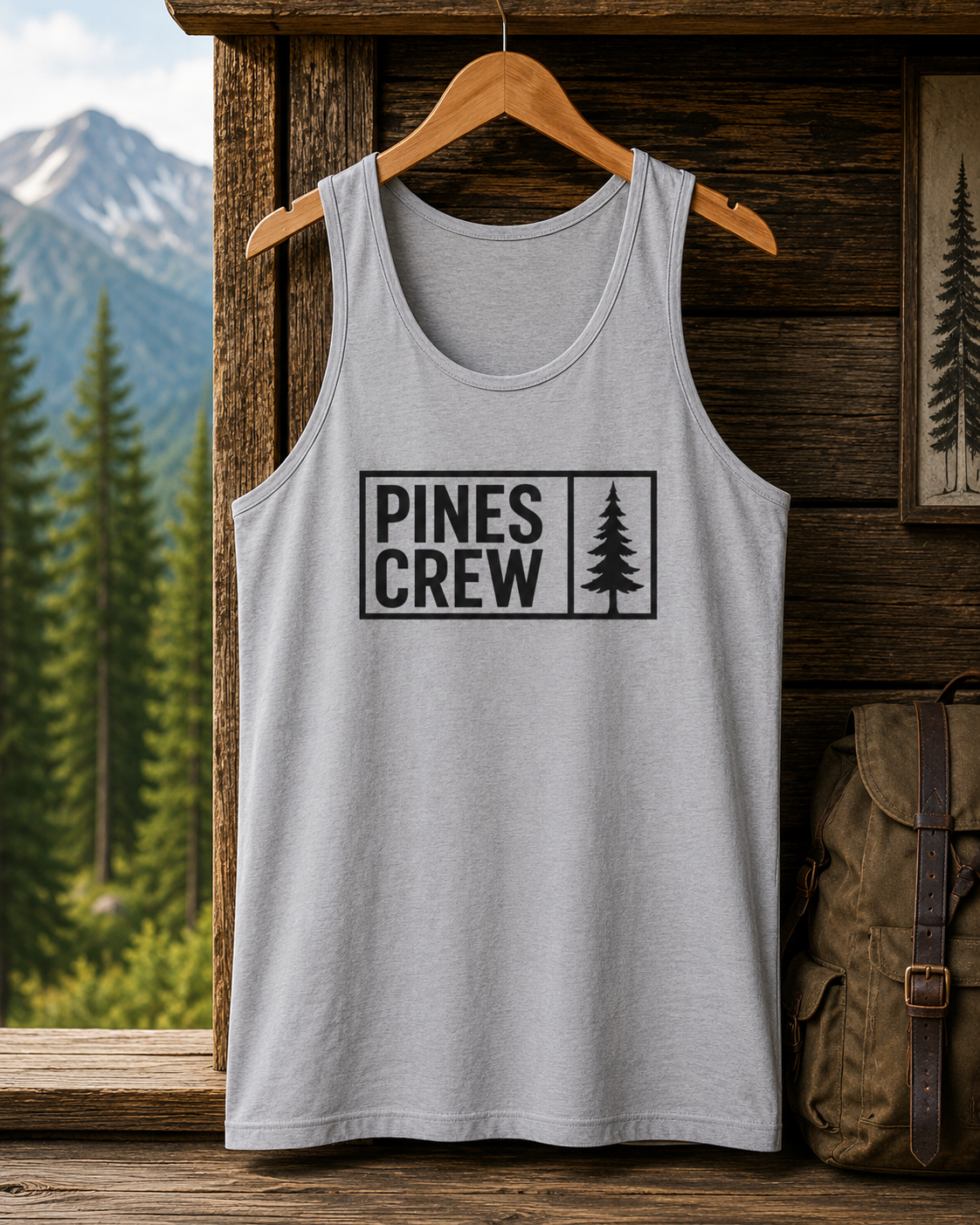 Pines Crew Tank Top — Minimal Forest Graphic Sleeveless Shirt