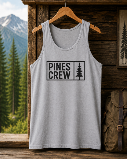 Pines Crew Tank Top — Minimal Forest Graphic Sleeveless Shirt
