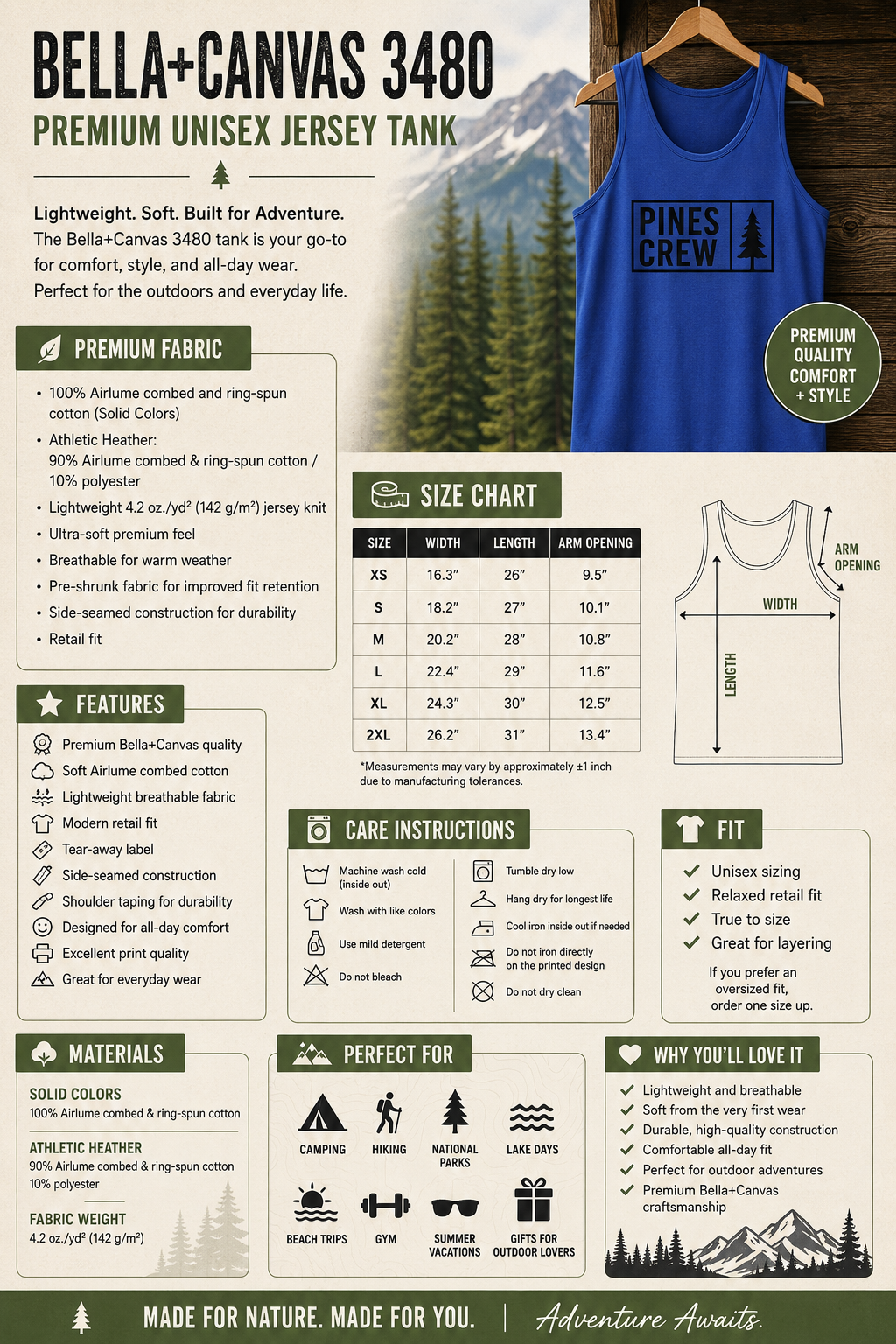 Pines Crew Tank Top — Minimal Forest Graphic Sleeveless Shirt