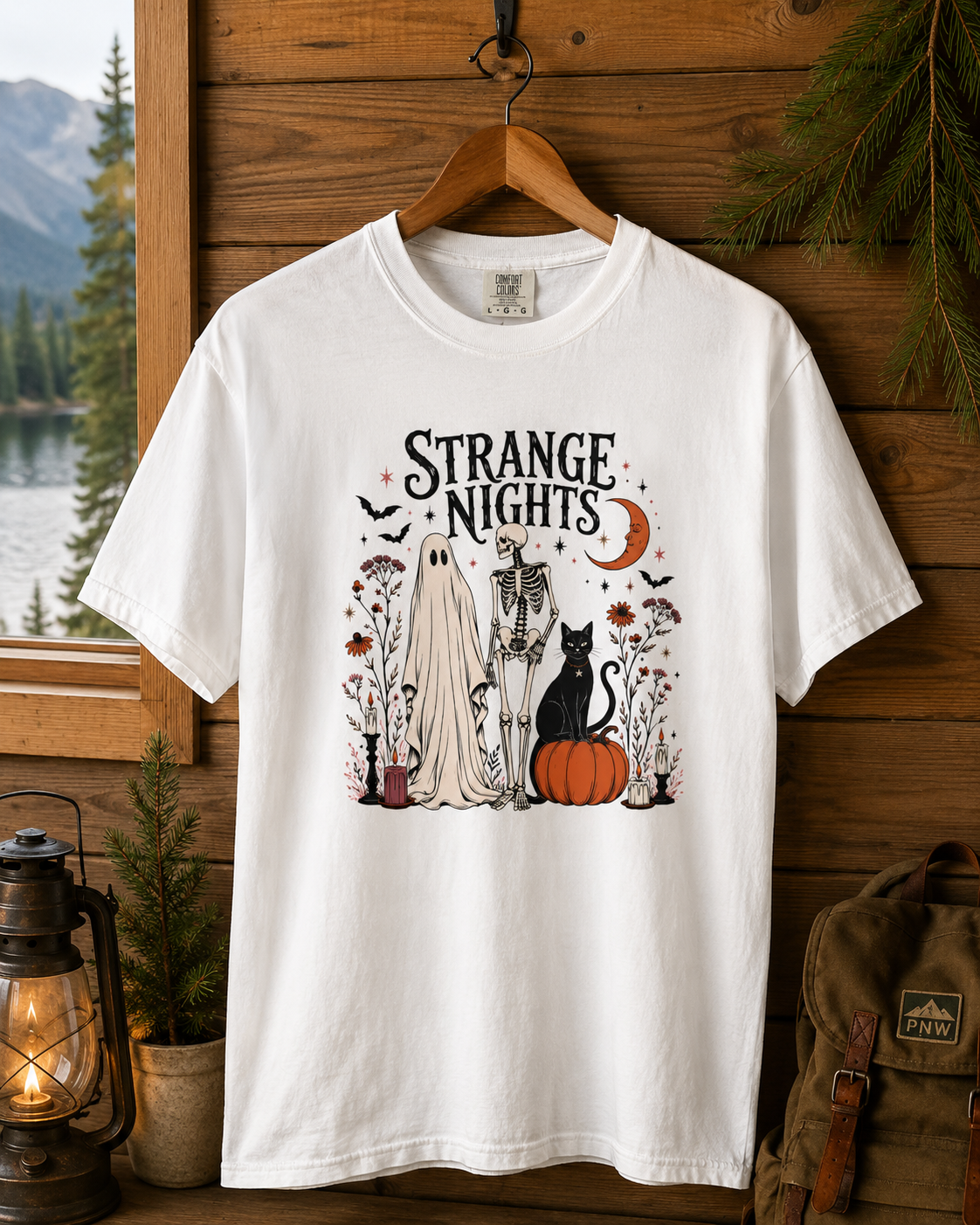 Strange Nights Halloween Ghosts Cat and Skeleton T-Shirt | Pumpkin Spooky Design