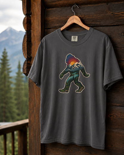 Bigfoot Sunset T-Shirt — Retro Sasquatch Mountain Graphic Tee