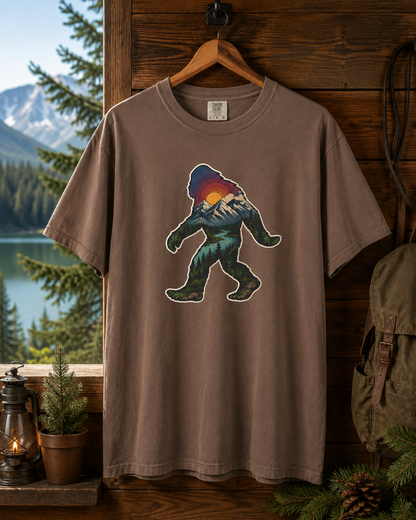 Bigfoot Sunset T-Shirt — Retro Sasquatch Mountain Graphic Tee