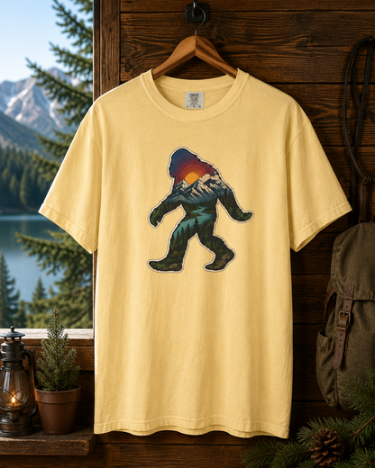 Bigfoot Sunset T-Shirt — Retro Sasquatch Mountain Graphic Tee