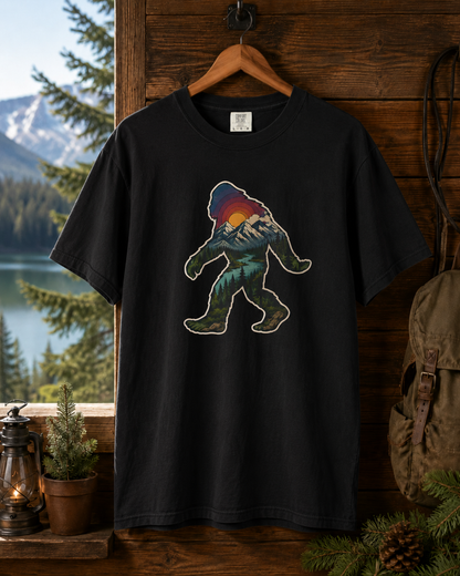 Bigfoot Sunset T-Shirt — Retro Sasquatch Mountain Graphic Tee