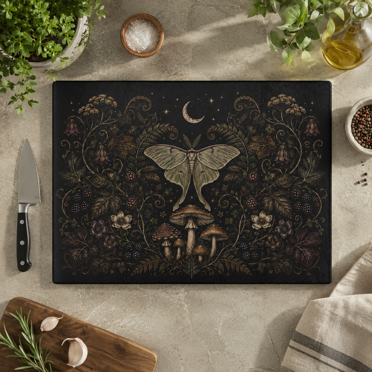 Mystic Moth & Moon Glass Cutting Board — Botanical Night Kitchen Decor