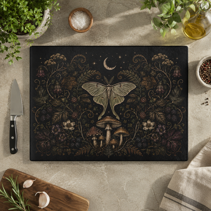 Mystic Moth & Moon Glass Cutting Board — Botanical Night Kitchen Decor