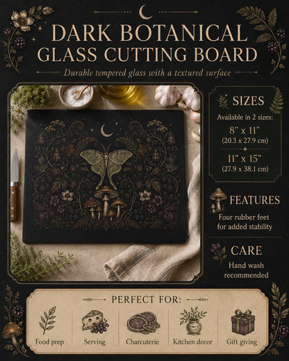 Mystic Moth & Moon Glass Cutting Board — Botanical Night Kitchen Decor