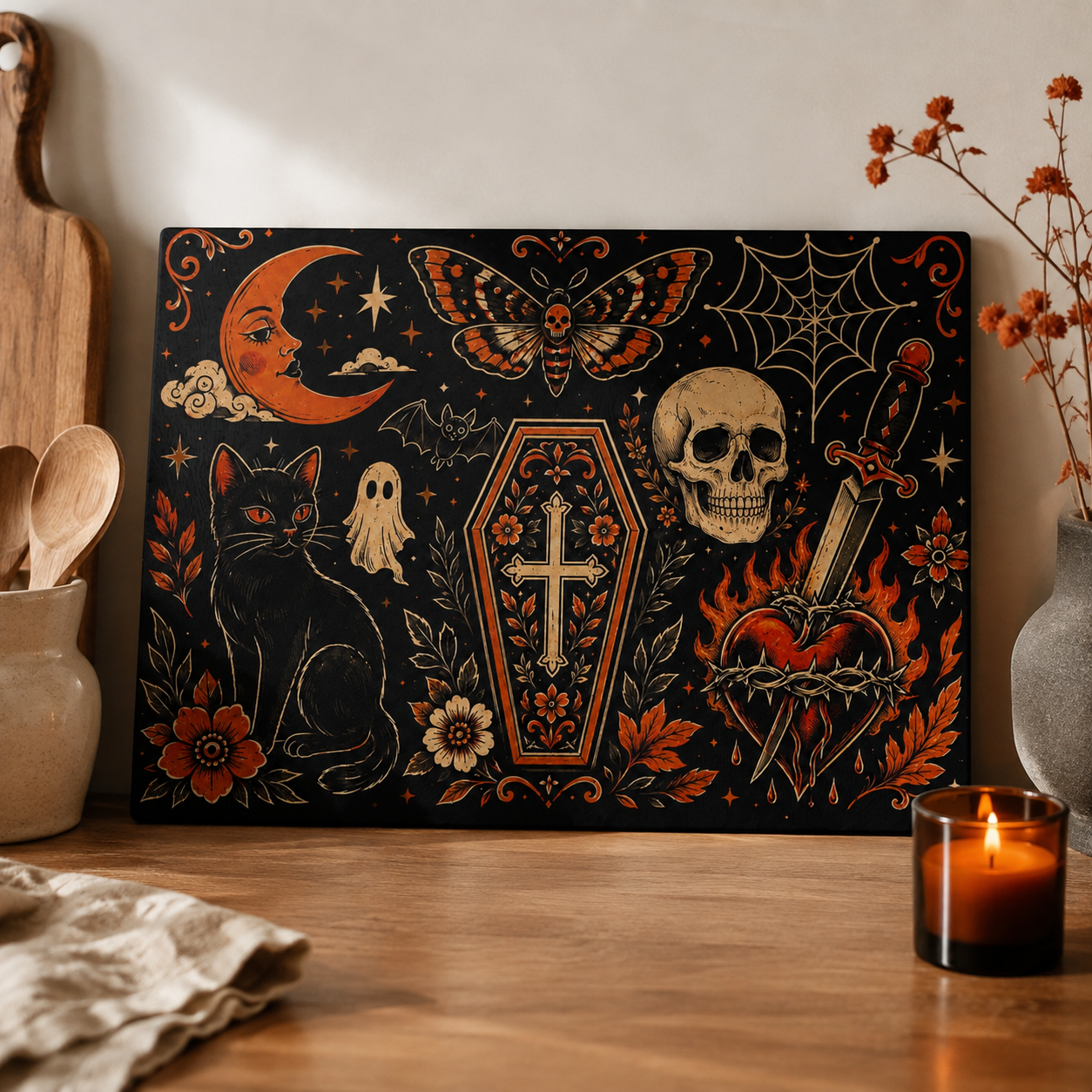 Gothic Occult Glass Cutting Board — Skull, Coffin & Black Cat Kitchen Décor