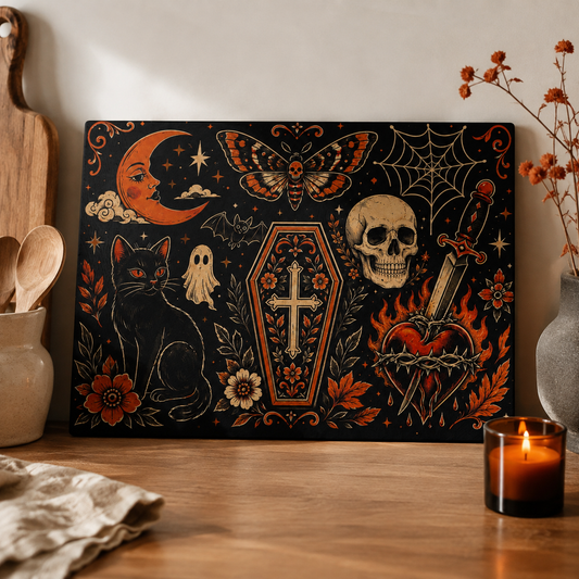 Gothic Occult Glass Cutting Board — Skull, Coffin & Black Cat Kitchen Décor