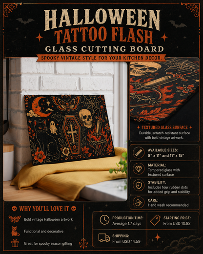 Gothic Occult Glass Cutting Board — Skull, Coffin & Black Cat Kitchen Décor