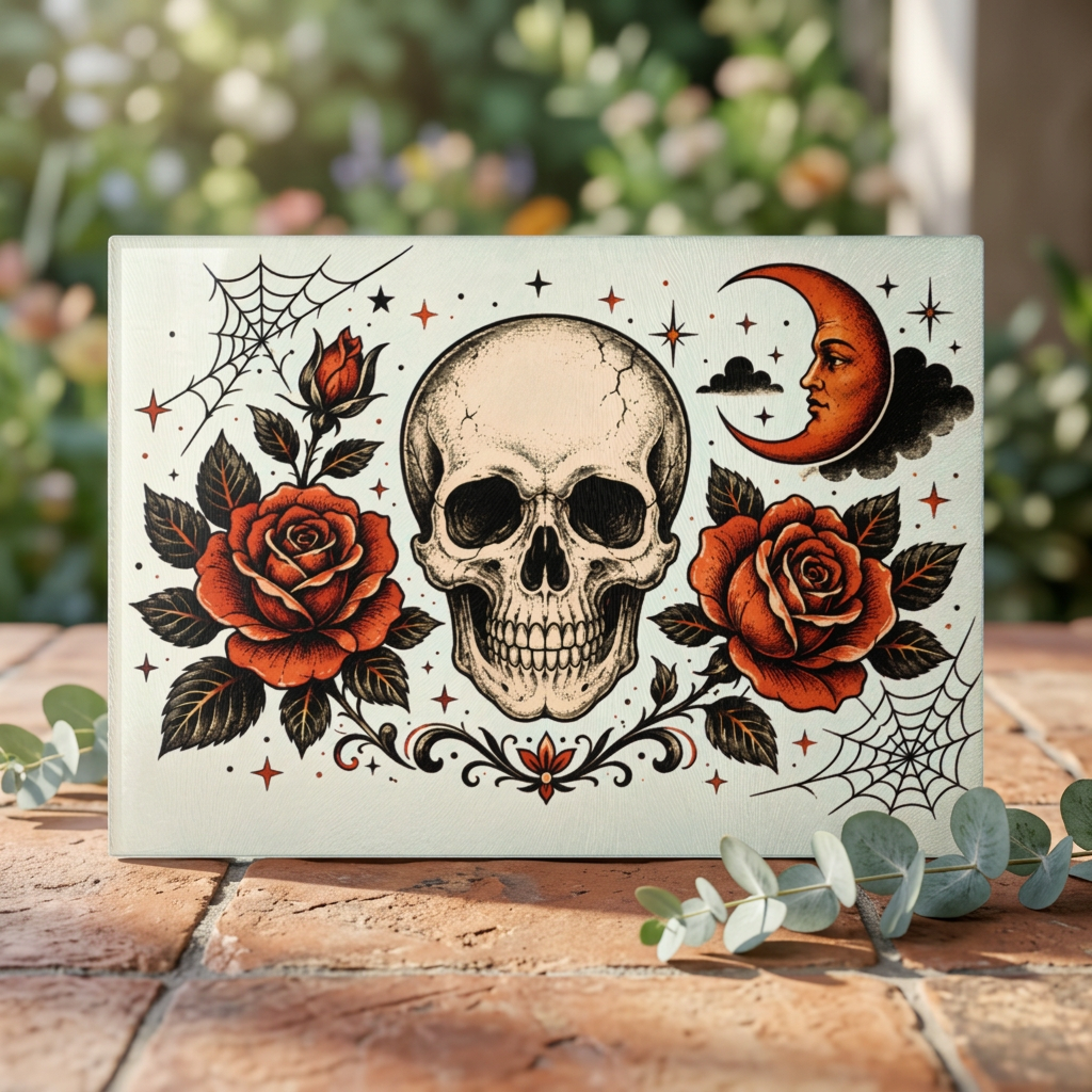 Skull & Roses Glass Cutting Board — Gothic Moon Kitchen Decor