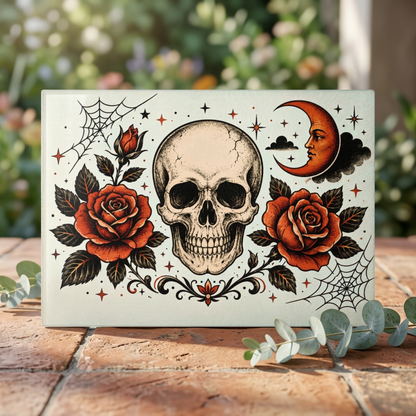 Skull & Roses Glass Cutting Board — Gothic Moon Kitchen Decor
