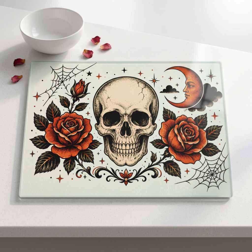 Skull & Roses Glass Cutting Board — Gothic Moon Kitchen Decor