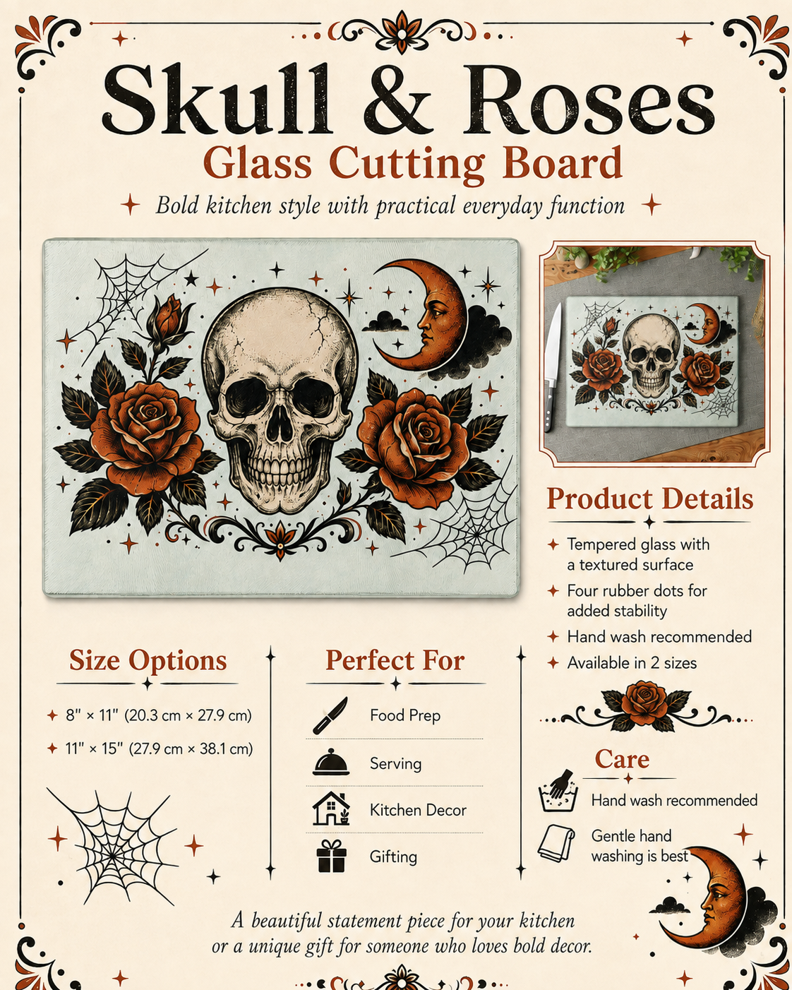 Skull & Roses Glass Cutting Board — Gothic Moon Kitchen Decor