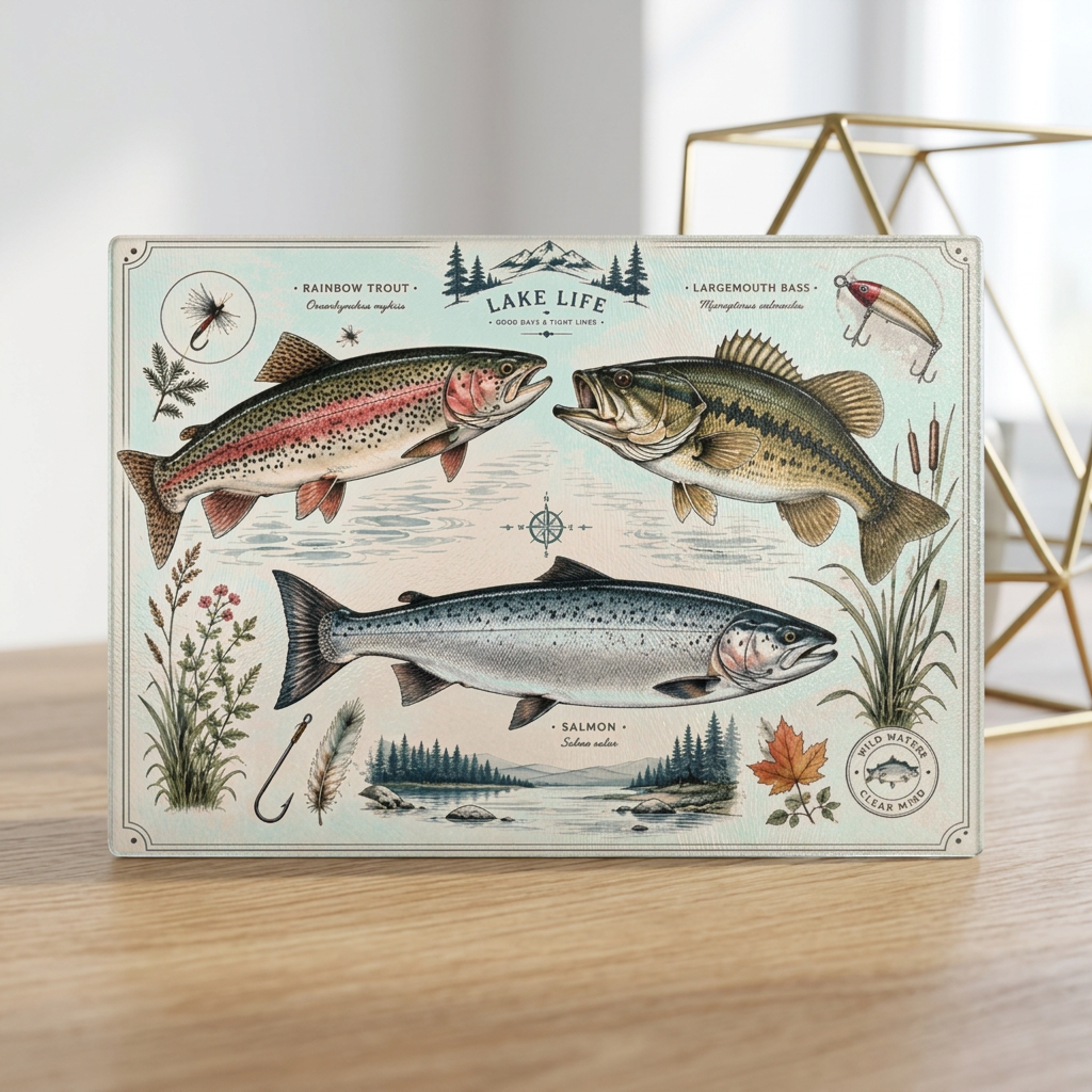 Vintage Fish illustration Glass Cutting Board | Lake Life trout bass salmon
