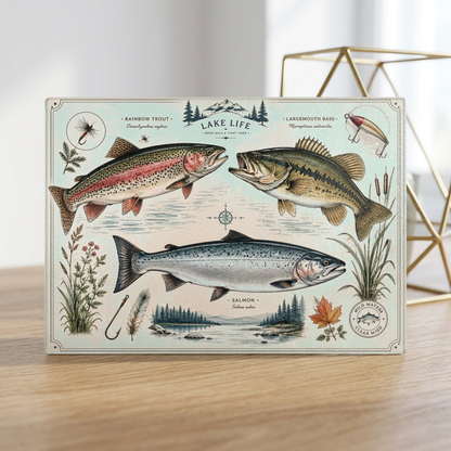 Vintage Fish illustration Glass Cutting Board | Lake Life trout bass salmon