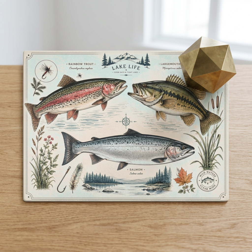 Vintage Fish illustration Glass Cutting Board | Lake Life trout bass salmon