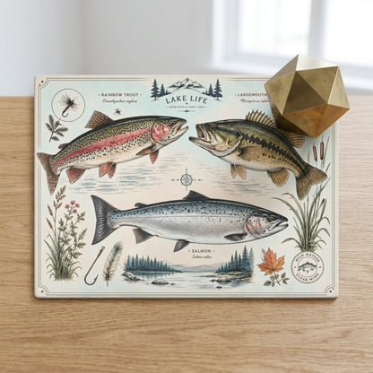 Vintage Fish illustration Glass Cutting Board | Lake Life trout bass salmon
